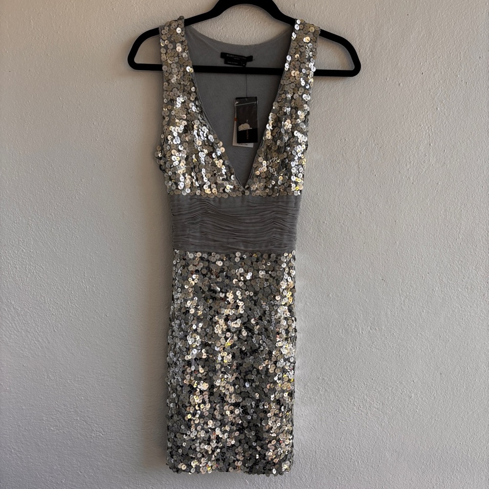 BCBG Maxazria Silver Sequence and Silk Dress Size SP